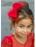 Long Sleeves Red Lace Tulle Ruffled Flower Girl Dress